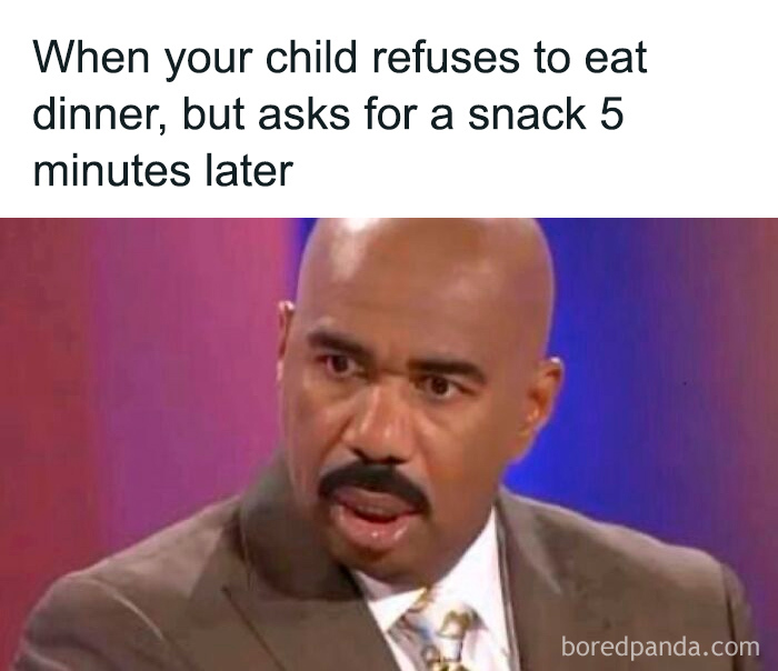 Man with a surprised expression reacting to a child refusing dinner but asking for a snack in funny parenting memes.