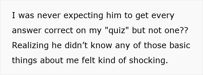 Text on white background about a boyfriend who kept notes on favorite foods but showed romantic indifference by not knowing her cat.