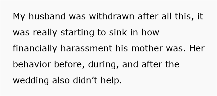 Text on a plain white background discussing financial harassment and withdrawal related to family debt issues.