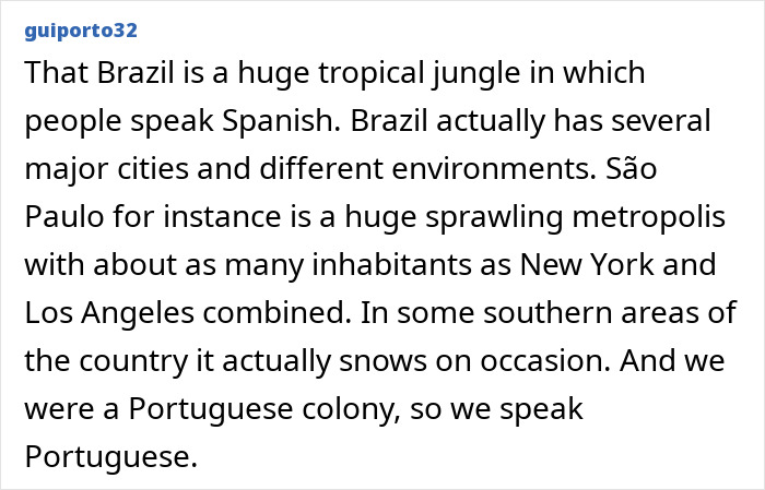A text post from a local refuting common stereotypes about countries, specifically Brazil's language, climate & cities.