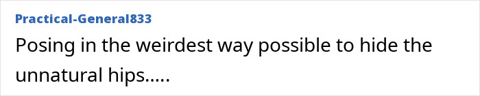 Fan comment highlighting attempts to hide unnatural hips in photos amid Kylie Jenner's personal and public photo differences.