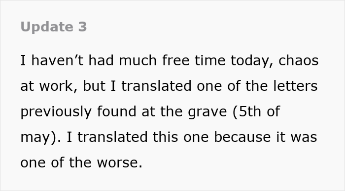 Text update about translating vile letters found at a daughter's grave after secret enemy vandalism causing man distress.