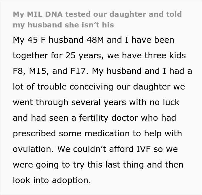 Text excerpt about MIL secretly DNA testing grandkid revealing family tension and trust issues involving fertility struggles.