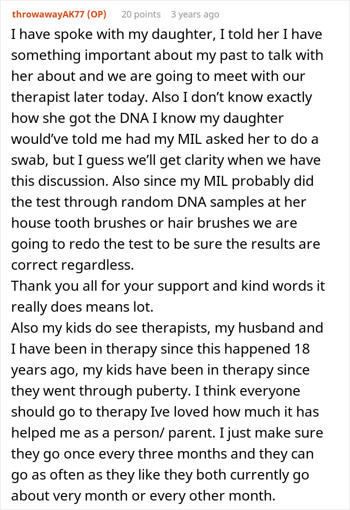 Comment discussing MIL secretly DNA testing grandkid using personal items, planning therapy to address family issues.
