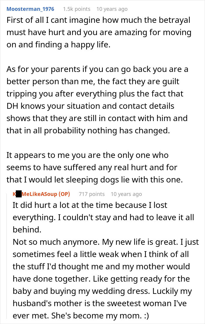 Reddit conversation about a woman cutting off parents after catching mom with her fiancé and facing family backlash.