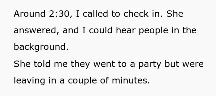 Text excerpt showing a phone call check-in revealing background noise and mentioning leaving a party soon.