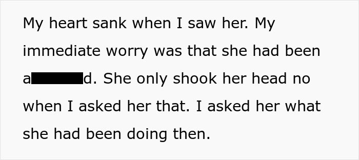 Text excerpt showing a woman admitting to cheating multiple times as her husband informs her parents and leaves the relationship.