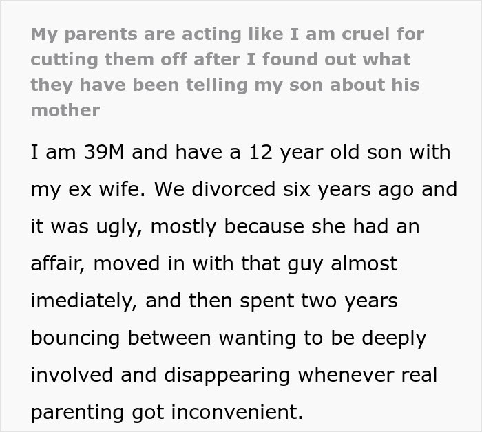 Text excerpt about grandparents guilt trip kid over his mom, dad decides to cut them off, describing a 39-year-old father&rsquo;s custody and family conflict.