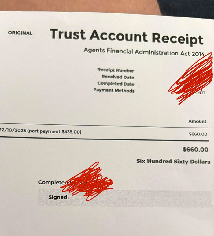 Trust account receipt showing financial support transaction, highlighting family expecting grandma to provide money for stay-at-home wife.