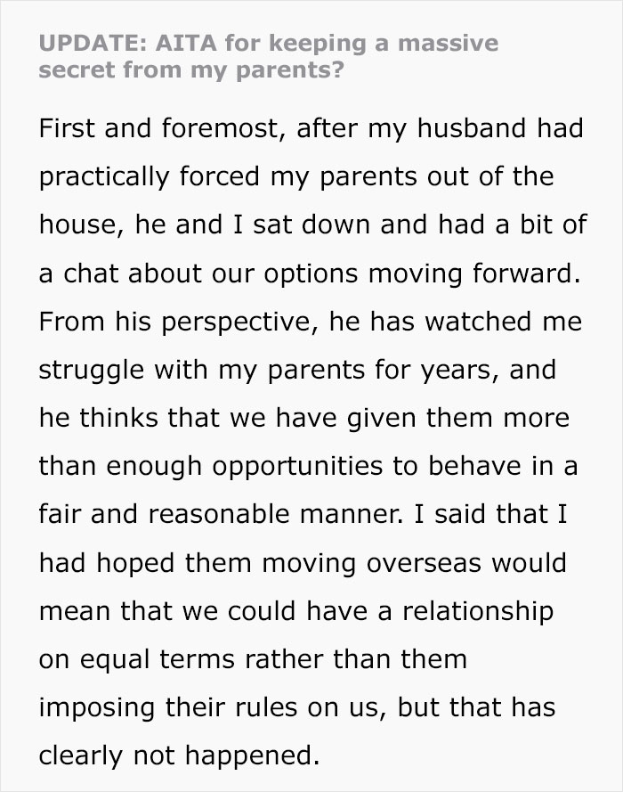 Text excerpt discussing parents' conflict after daughter secretly bought a house and the family's ongoing struggles.