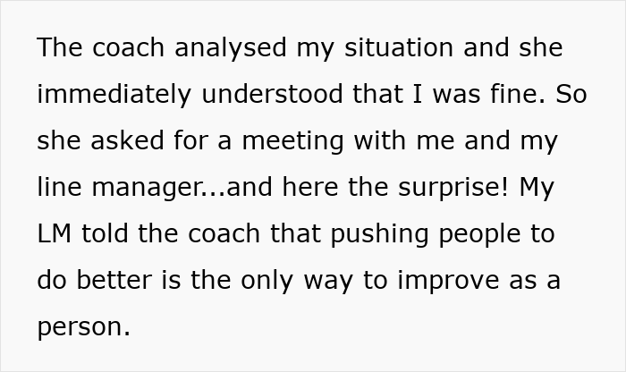 Text excerpt about a coach analyzing a situation and discussing work-life balance with employee and manager.