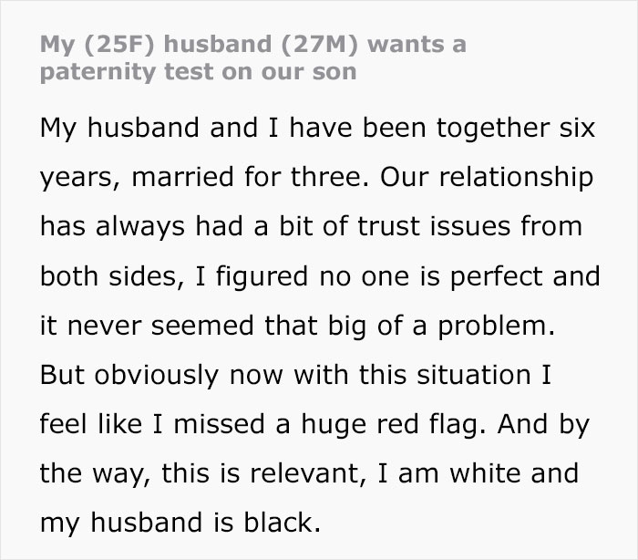 Trecho de texto de uma postagem sobre um marido querendo um teste de paternidade para seu filho recém-nascido em meio a problemas de confiança no casamento. Trecho de texto de uma postagem sobre um marido querendo um teste de paternidade para seu filho recém-nascido em meio a problemas de confiança no casamento.