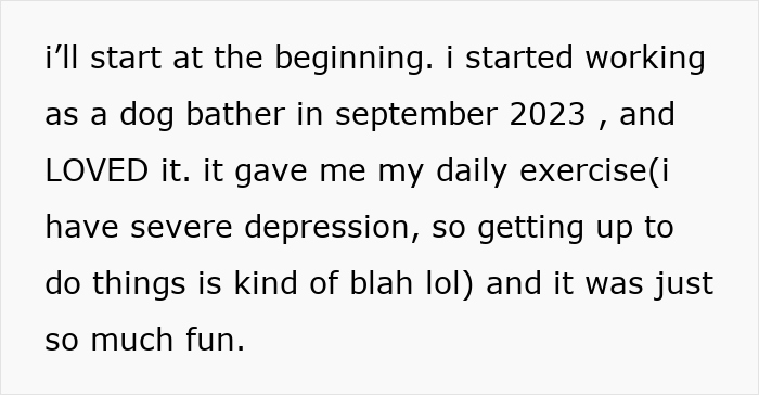 Text excerpt describing a woman working as a dog bather starting in September 2023, mentioning exercise and severe depression.