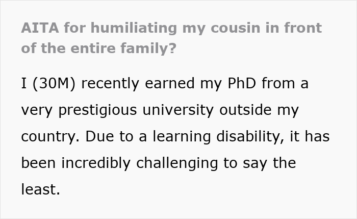 Text excerpt discussing a 30-year-old PhD graduate facing family competition and financial challenges.
