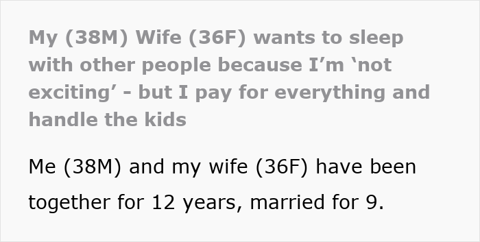 Text excerpt showing a man&rsquo;s wife wanting to sleep with others as he struggles with feelings of not exciting her.