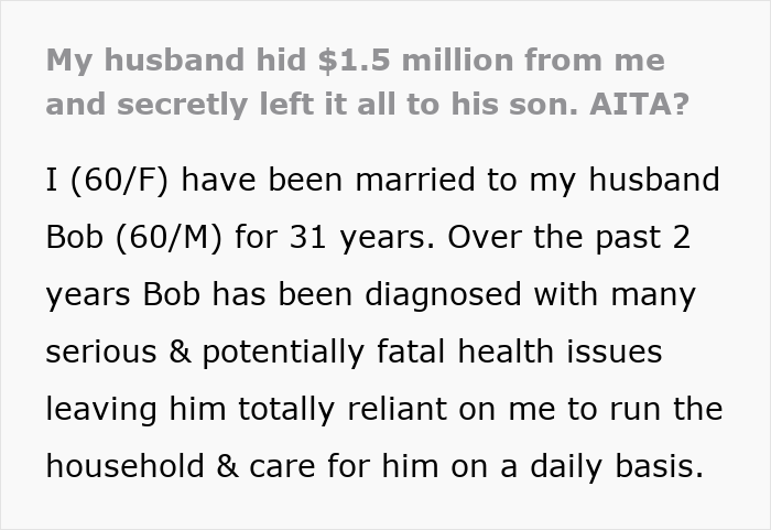Screenshot of text describing husband lying about inheritance and planning to leave wife caring for him with nothing.