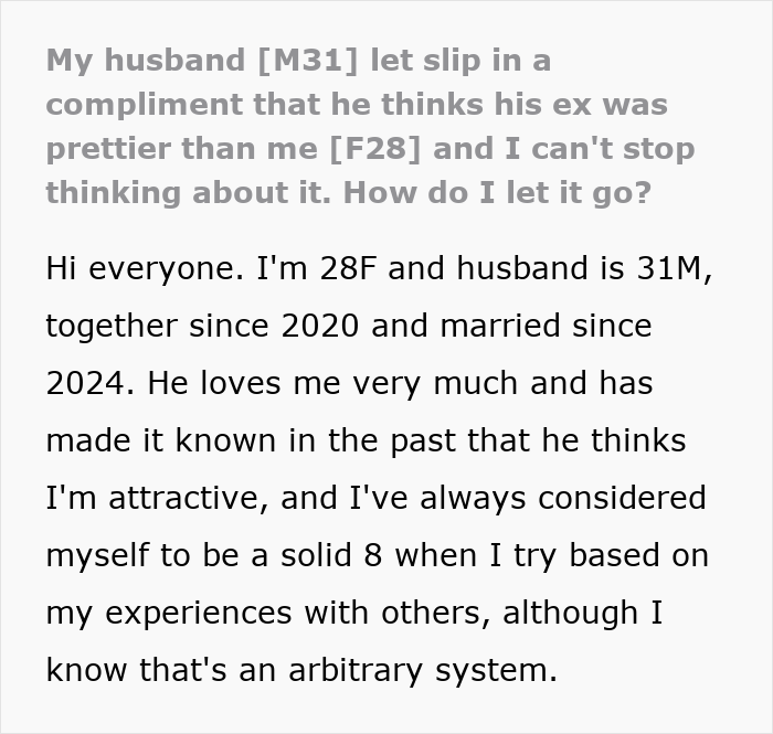 Alt text: Woman upset thinking about husband saying his ex was model pretty, reflecting on feeling downgraded from gorgeous to kind. Alt text: Woman upset thinking about husband saying his ex was model pretty, reflecting on feeling downgraded from gorgeous to kind.