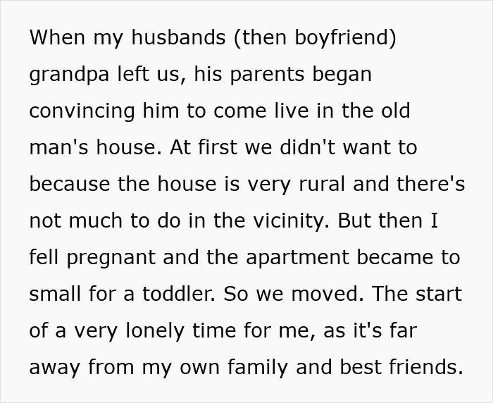 Text about woman&rsquo;s experience living with in-laws after moving to rural house during pregnancy, feeling lonely and isolated.