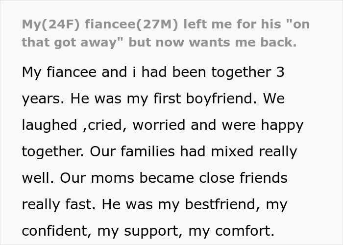 Text excerpt showing a woman&rsquo;s story of regret after her fianc&eacute; left her to chase the one that got away.