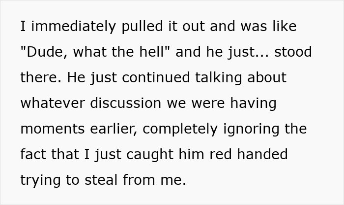 Screenshot of a chat message describing a DnD guest getting caught stealing manga and figurines but continuing to talk calmly.