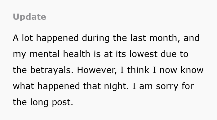 Update text about mental health struggles and betrayal after wife sees hubby without shirt and bestie naked following moaning sounds.