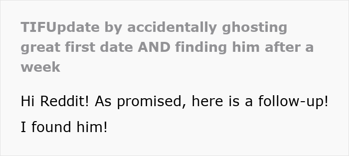 Reddit post update about lady having perfect first date abroad, deleting dating app, then searching to reach him.