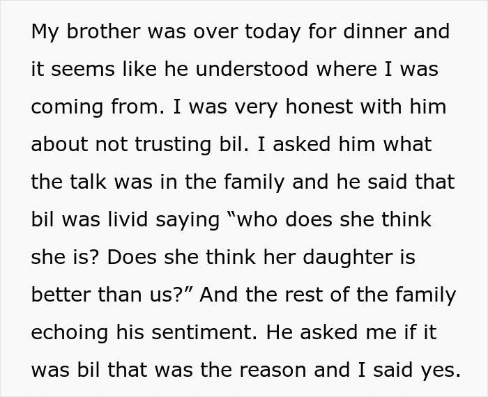 Text excerpt about a woman expressing distrust and concern about her brother-in-law, refusing to let her daughter near him. Text excerpt about a woman expressing distrust and concern about her brother-in-law, refusing to let her daughter near him.