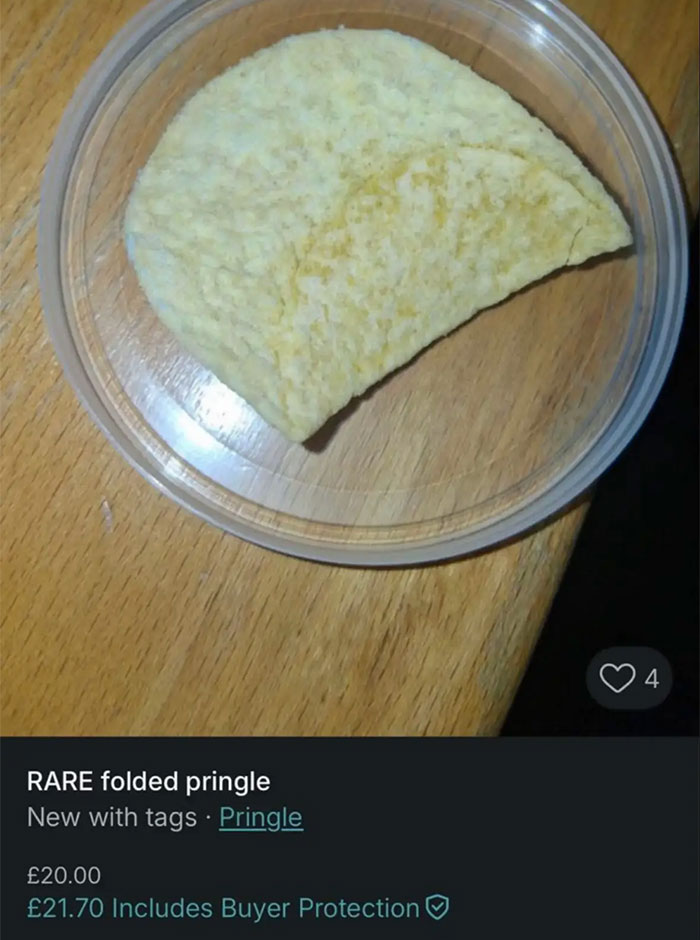 Folded Pringle chip listed for sale humorously on Vinted, highlighting unusual and hilarious listings on the platform.