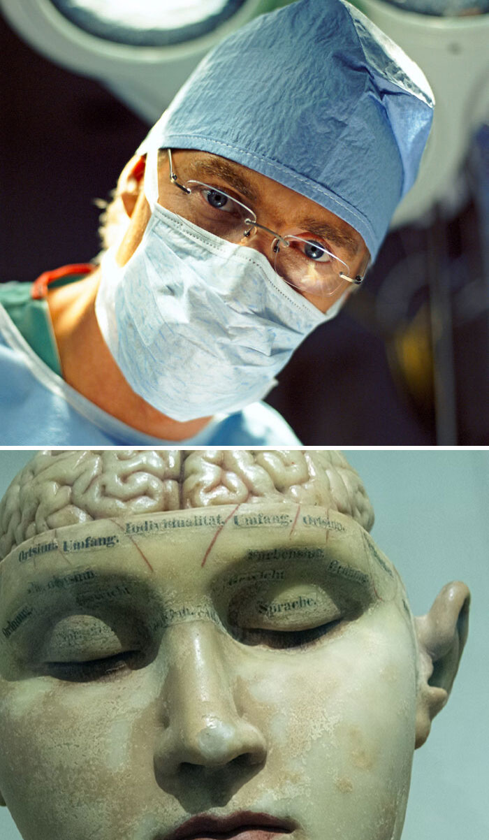 Surgeon in blue scrubs and mask under bright surgical lights, illustrating mind-blowing scientific facts in medicine.