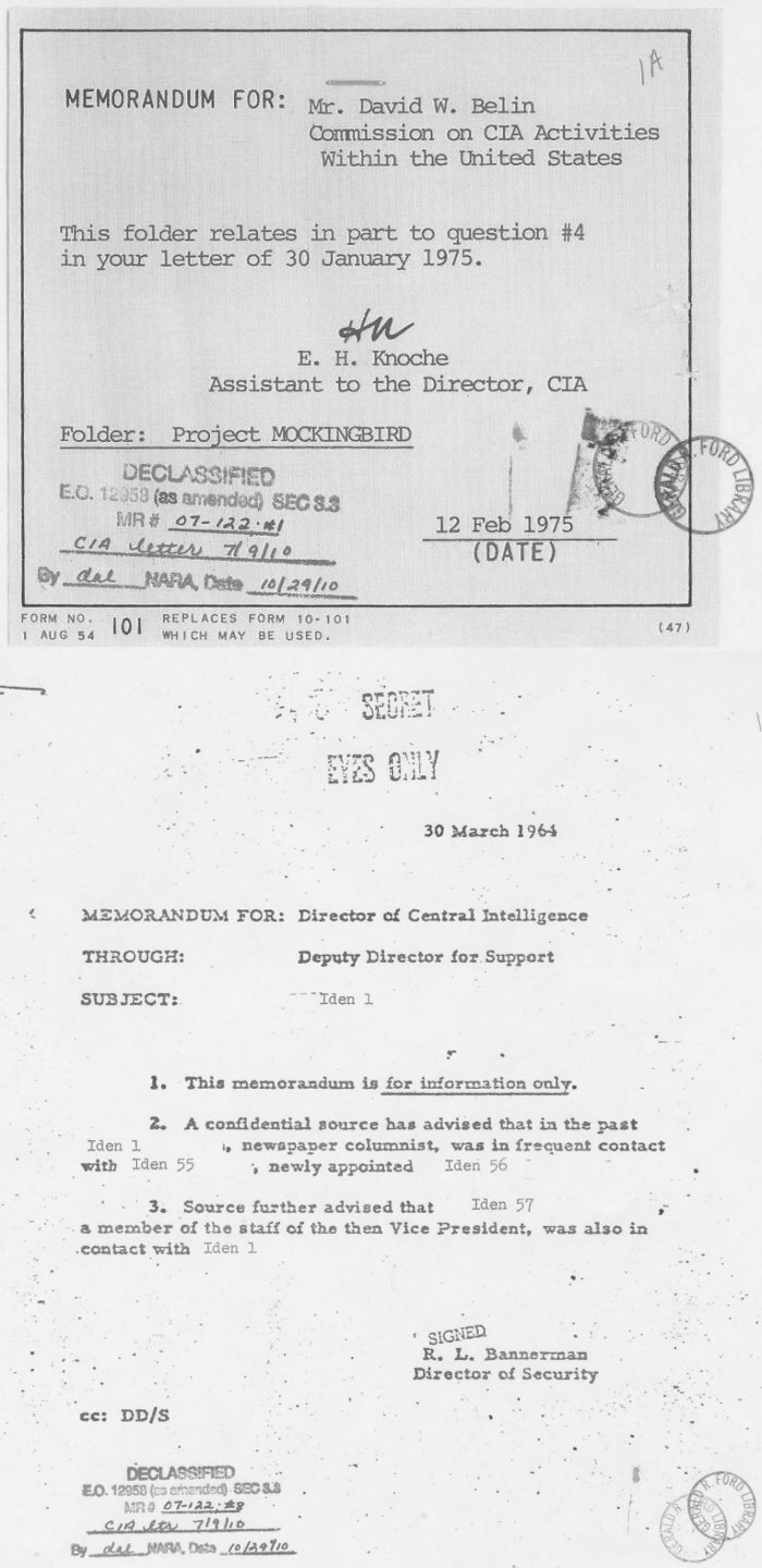 Declassified CIA memorandum from 1975 related to Project Mockingbird, part of classified documents revealing covert activities.