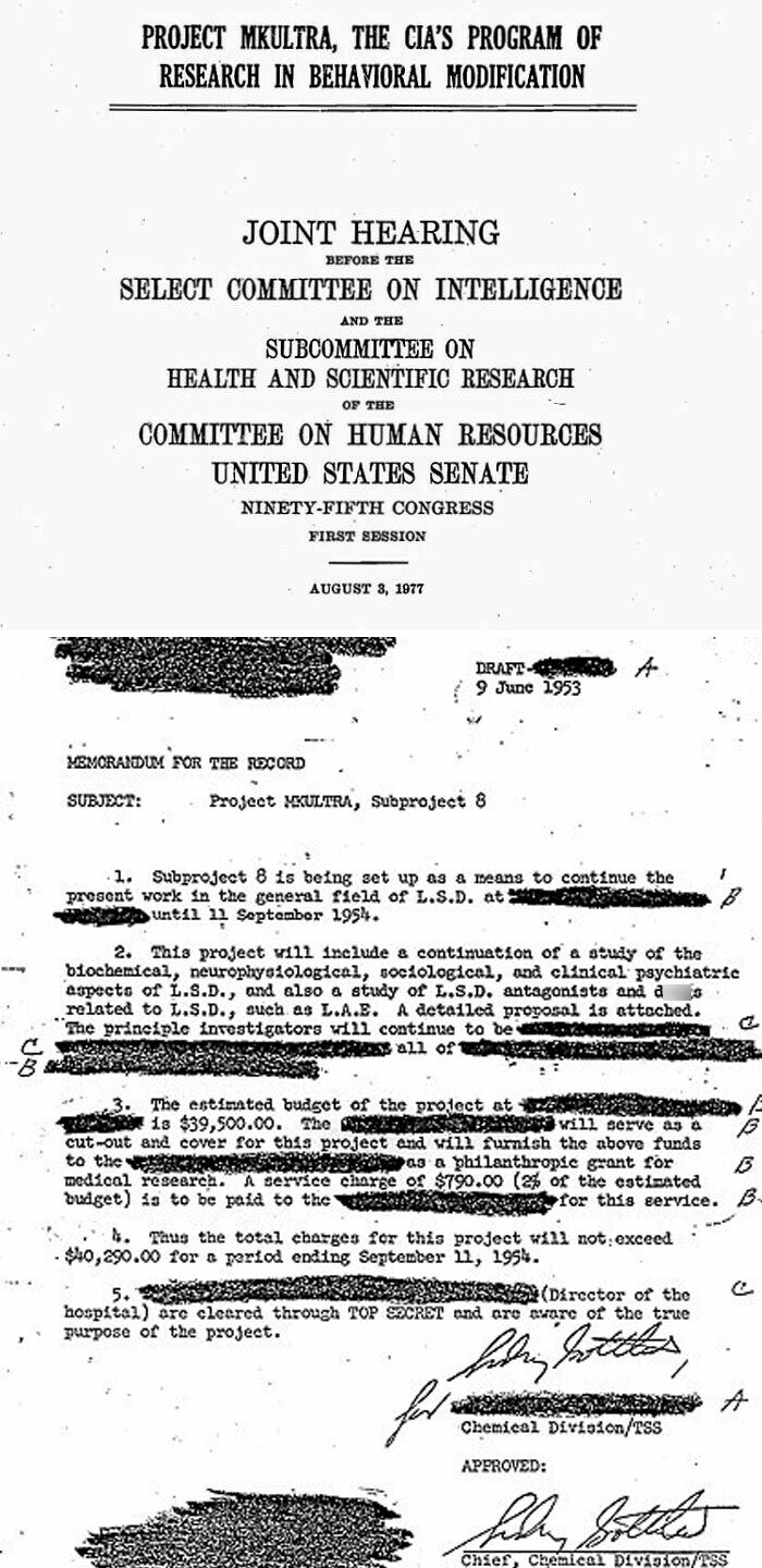 Declassified CIA document cover page for Project MKULTRA on behavioral modification research, 1977 hearing transcript.