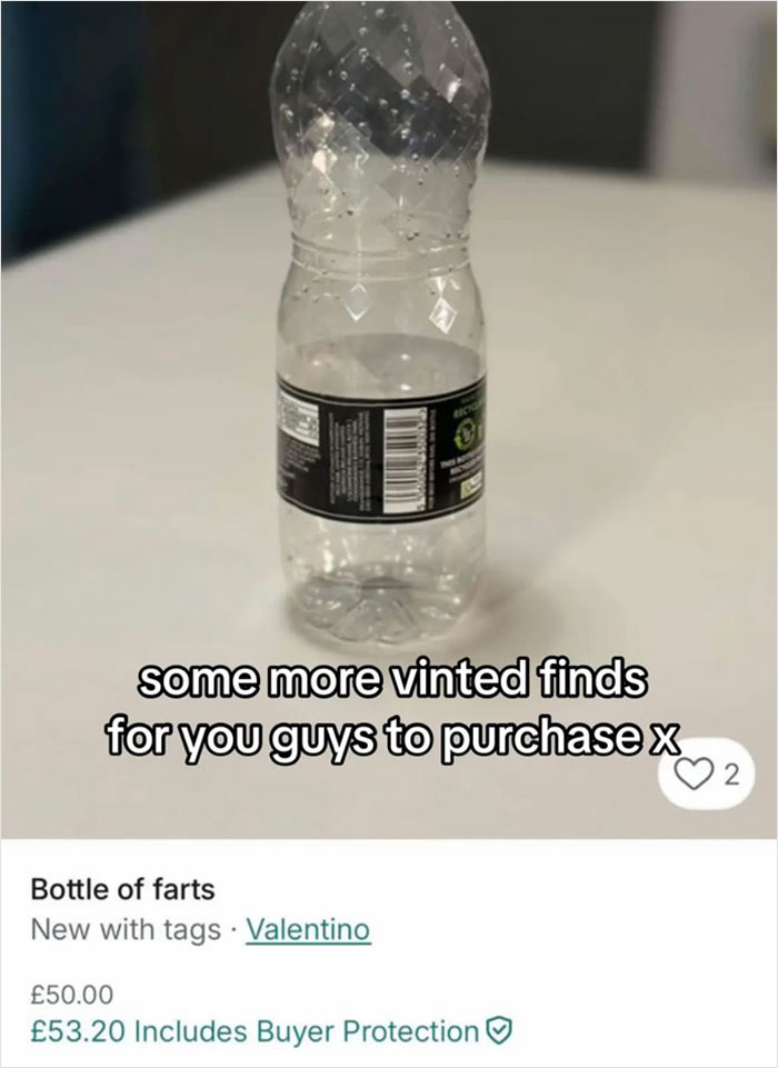 Clear plastic bottle listed as a hilarious Vinted find with an unusual product description and price.