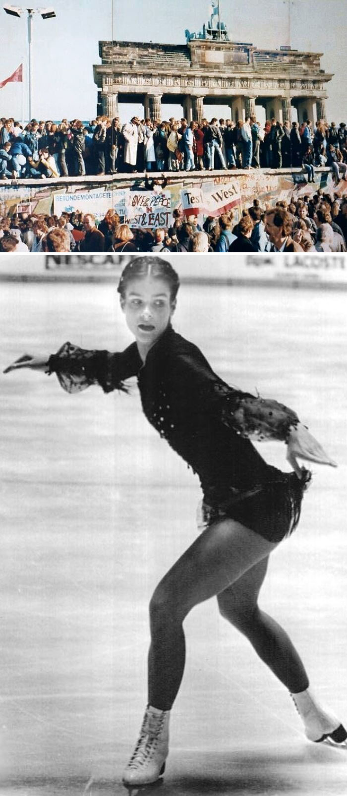 Crowd gathered at Berlin Wall during historic moment, illustrating classified documents impacting faith in humanity.