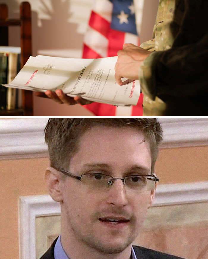 Person in military uniform holding classified documents marked confidential with American flag in background