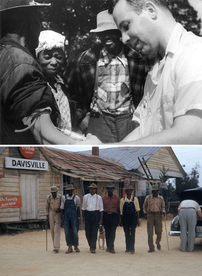 Medical professional administering a shot outdoors as people observe, related to classified documents and humanity issues.