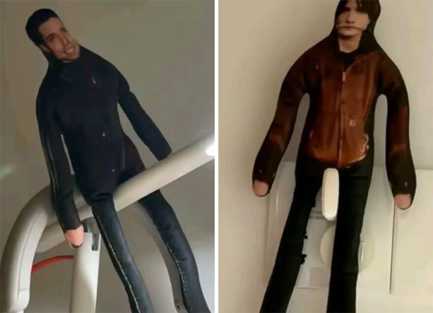 Two weird and unexplainable mannequin figures with distorted proportions and unusual postures indoors.