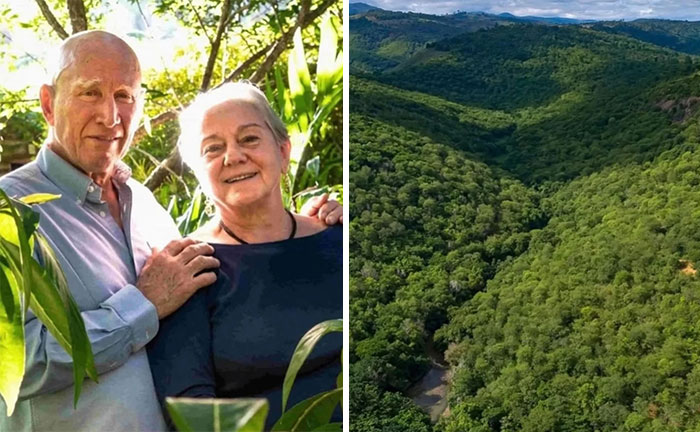 Elderly couple smiling together in a lush garden next to a scenic green forest landscape, symbolizing uplifting moments.