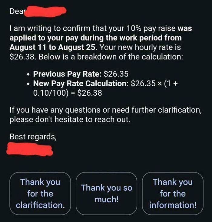 Screenshot of a pay raise confirmation with incorrect percentage calculation, showing people operating at 1% brain capacity.
