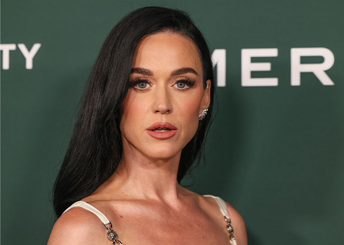 Katy Perry at an event with long dark hair and dramatic makeup, related to legal battle news.
