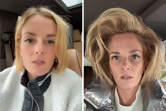 Before and after photos of a woman showing traumatizing hairdresser results with damaged and uneven hair locks.