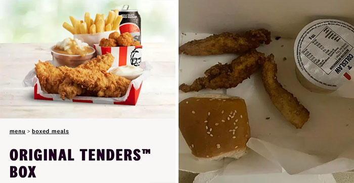 Comparison of fast food chicken tenders showing obvious shrinkflation with much smaller portions in a takeout box.