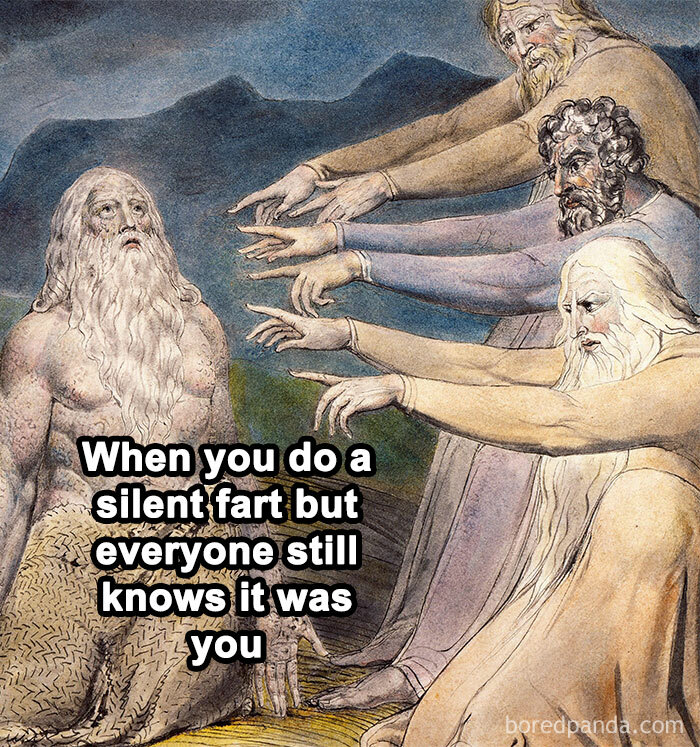 Classical art meme showing bearded men pointing at another man, humorously highlighting sarcastic cultured humor.