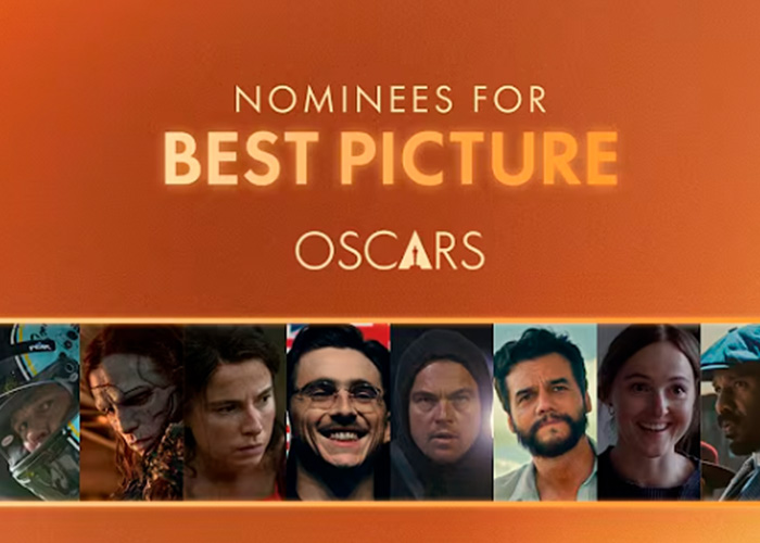 Nominees for Best Picture at the Oscars with faces of 2026 Academy Awards winners on an orange background.