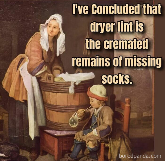 Classical art meme showing a woman washing clothes and a boy blowing bubbles with a sarcastic caption about missing socks.