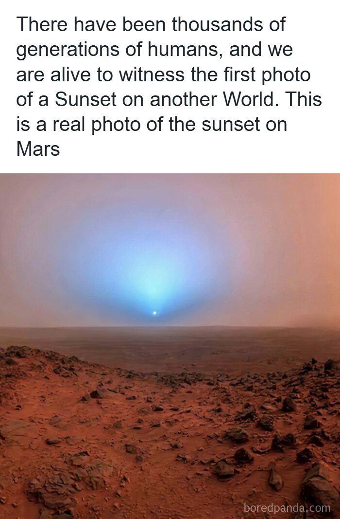 Sunset on Mars showing a unique moment in history with a red rocky landscape and a blue glowing sun.