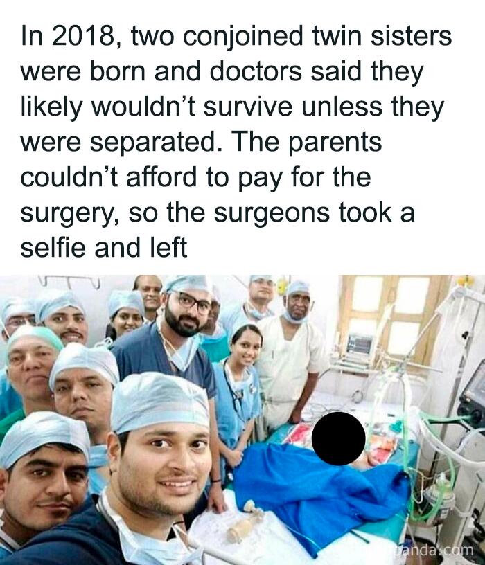 Medical team in hospital selfie with conjoined twins before surgery, illustrating seemingly innocent posts with shocking twists.
