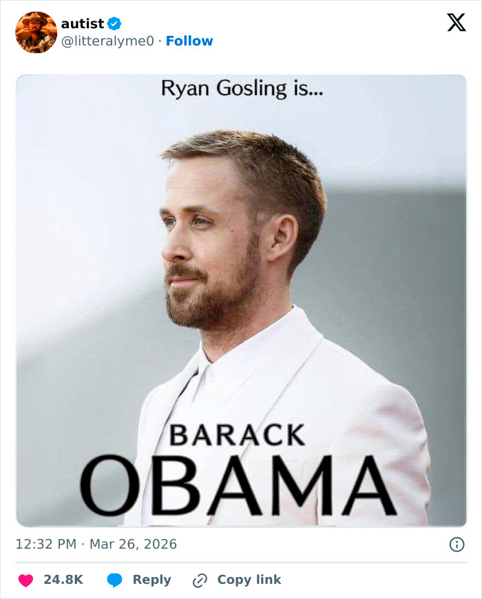 Meme showing Ryan Gosling with text humorously mislabeling him as Barack Obama, related to HBO Harry Potter series fans feelings.