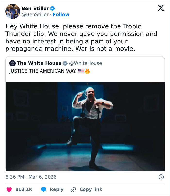 Tweet exchange about movie industry and war, featuring Ben Stiller addressing the White House regarding Tropic Thunder clip use.