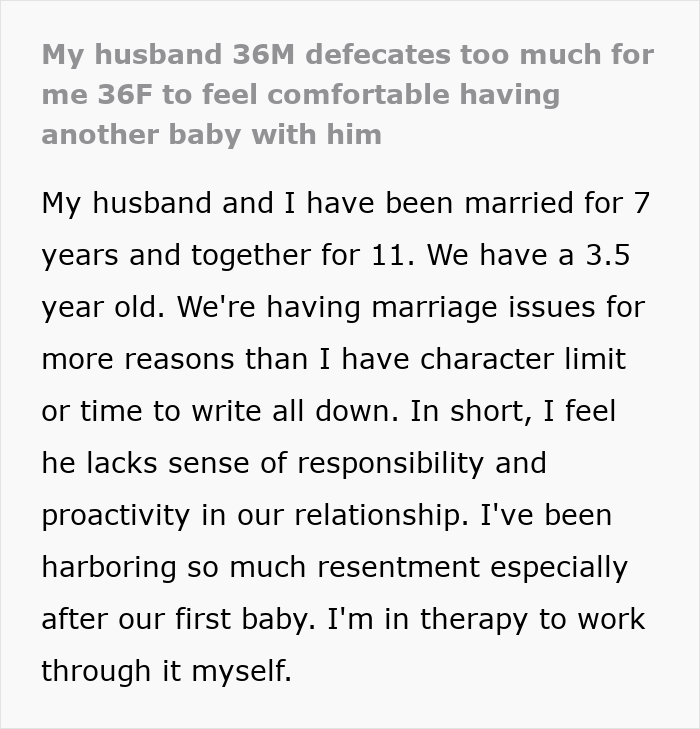 Text post discussing marriage issues where husband uses bathroom habit as excuse to avoid parenting duties, wife feels resentful.