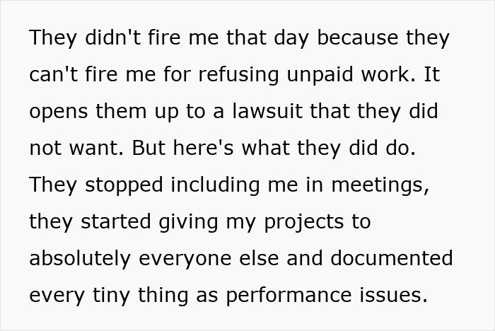 Text excerpt showing employee experience when refusing to train new employee for free and HR’s response. Text excerpt showing employee experience when refusing to train new employee for free and HR’s response.
